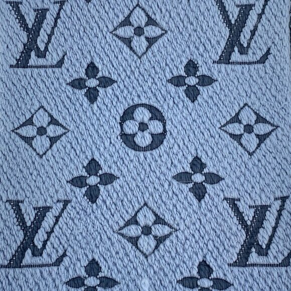 LOUIS VUITTON Monogram Wool & Silk Blend Scarf With Fringe In Light Blue & Navy - Picture 8 of 9